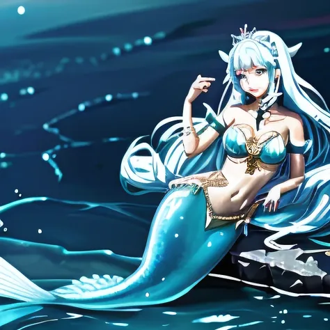 best quality, super fine, 16k, incredibly absurdres, extremely detailed, delicate and dynamic, beautiful mermaid princess lying on the sea surface, the big blue moon hides most of her body, night sky, stars, ripples, dazzling effects