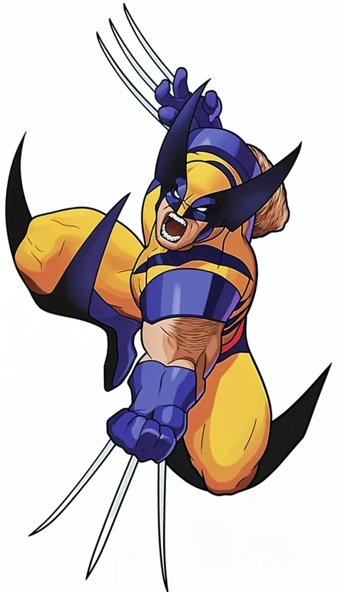 best quality, 16k, extremely detailed, delicate and dynamic, Logan Howlett, Wolverine, yellow bodysuit, blue gloves, (((Unmasked))), (masterpiece), best quality, expressive eyes, (white background:1.5),(((simple background)), perfect face, (perfect fingers), detailed eyes, detailed face, ,tshirt design logo,