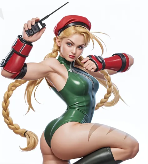 score_9, score_8_up, score_7_up, score_6_up, 1girl, CammyWhiteSFXL, (ultra HD quality details), (( scar on cheek, blue eyes, blonde hair, long hair, twin braids, antenna hair, camouflage, red beret, large breasts, bare shoulders, green leotard, black harness, red gloves, fingerless gloves, black boots)), bedroomsettings, (cinematic lighting:1.2), below, hogtie bondage,