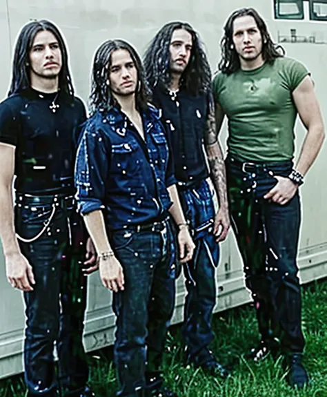 high-quality photo featuring Kirk Hammett, Lars Ulrich, Robert Trujillo and James Hetfield from Metallica with one hot girlstanding in a field. Each farmer should have a rugged, rock-and-roll appearance, with details like tattoos, leather gloves, and Metallica bandanas. Beside them, a stunning brunette woman poses confidently. She should be wearing a stylish yet casual outfit that complements the farmers, with her entire body visible in the shot. The background should be a some pub with beers