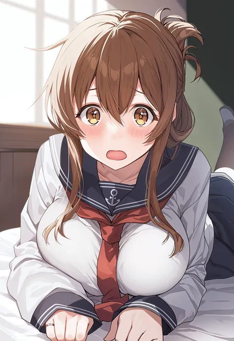 nsfw,1 girl, game CG,
lulu suzuhara, blue eyes, brown hair, hair ornament, hair over one eye, hair ribbon,
gigantic breasts, bedroom,
pov, 1boy, fellatio, breast milk, dick, cum, happy,