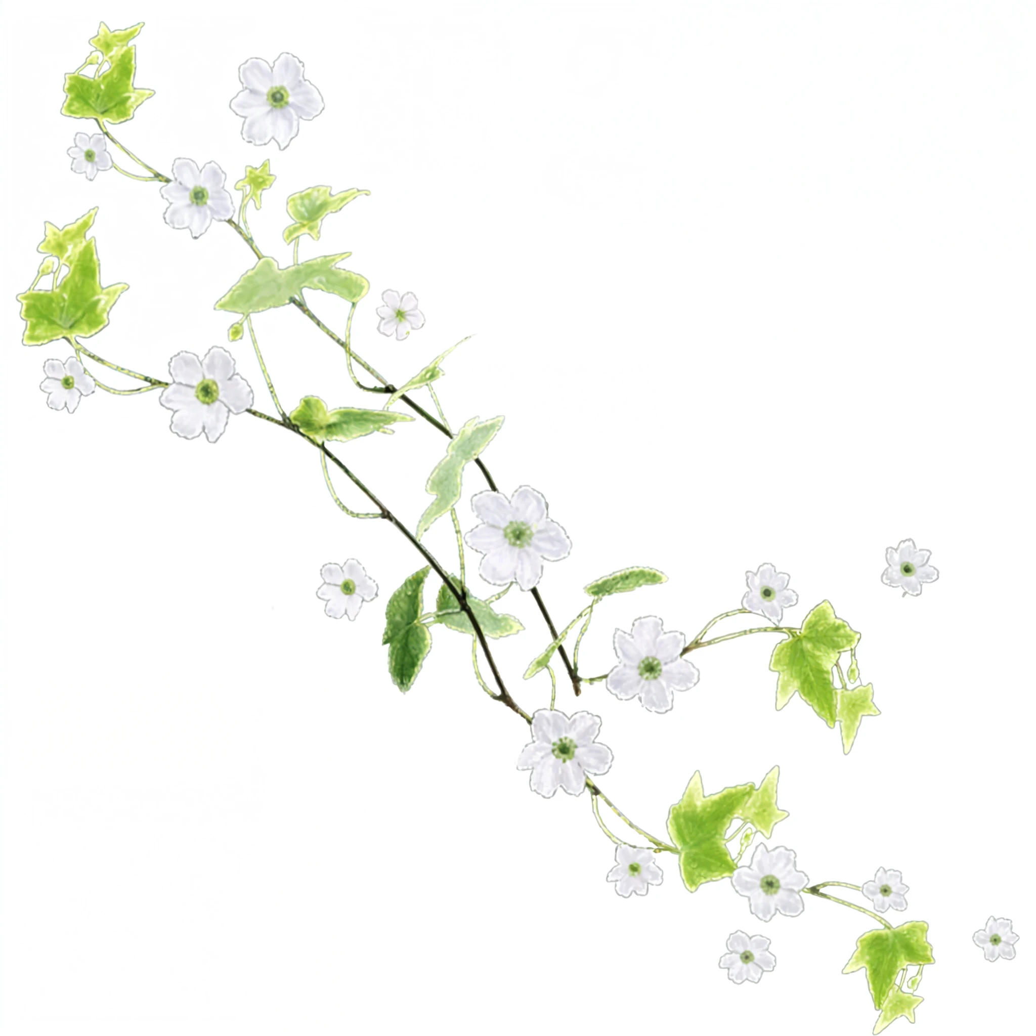 There is a drawing of a branch with white flowers and green leaves ...