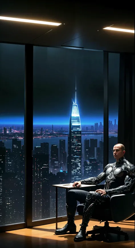 a skyscraper office in the big city, the cyborg man sits in a luxurious chair, heavy man boots, best quality, high quality, absurdres, masterpiece, beautiful, intricate details, 1/2 body crop, slim body, beautiful figure, magnificent anatomy, (intricate details:1.12), HDR, (intricate details, hyper-detailing:1.15), (natural skin textures, hyper realisitc, soft light, Sharp:1.2)