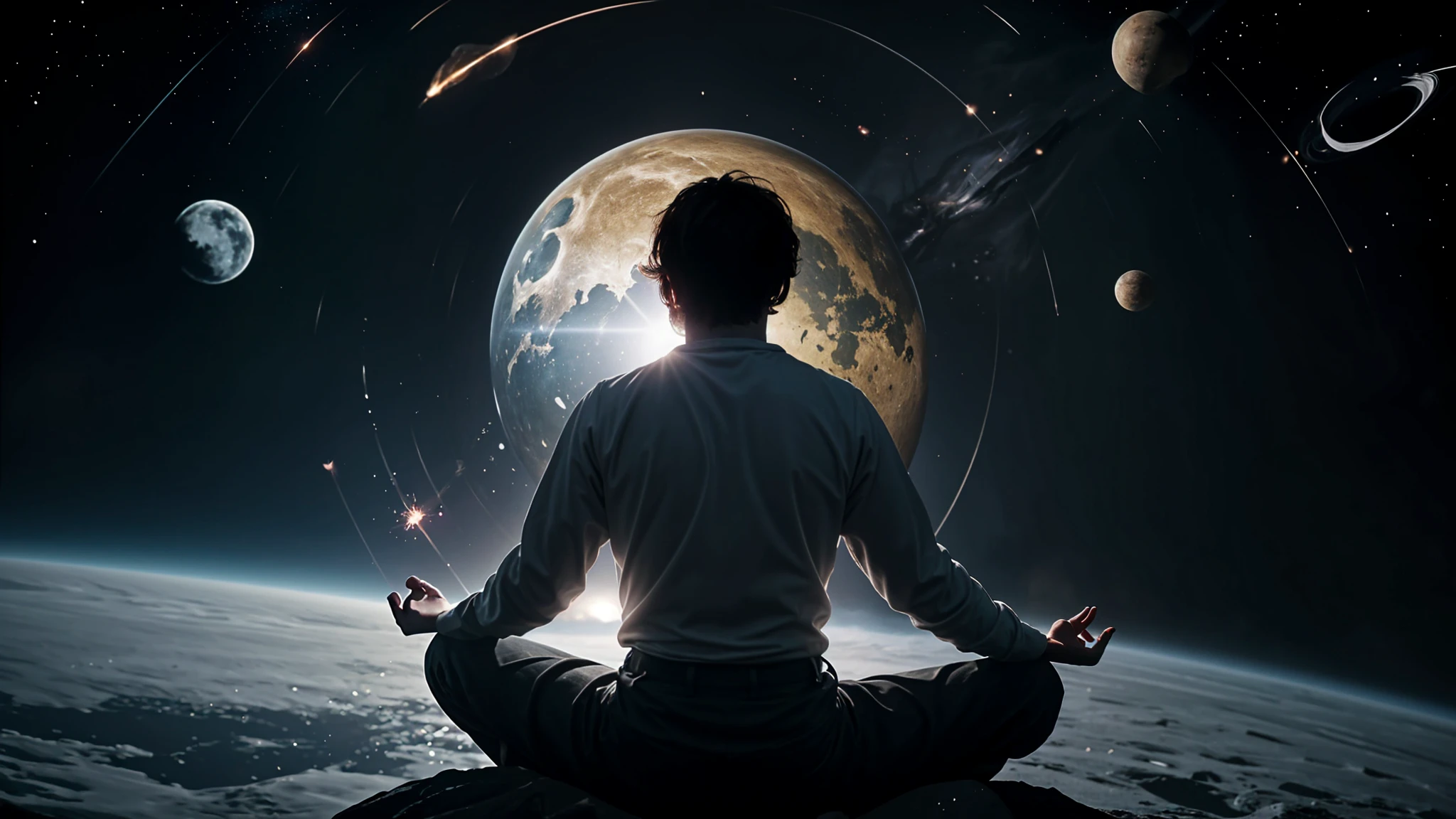 Man sitting in lotus position in front of a view of the earth - SeaArt AI