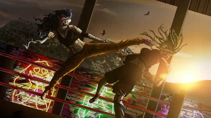 anime lady wearing black jacket and shorts kicking a zombie in the face bloody battle in a dark forest