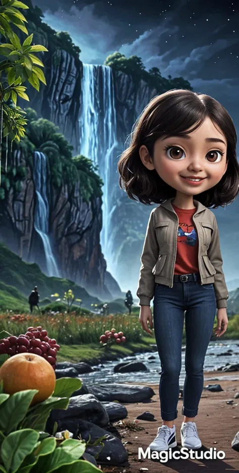karikatur 3d, poto seorang wanita indonesia, rambut sebahu rapi, agak gemuk, berjaket hitam celana pendek, duduk sambil memegang kamera, camping ditengah hutan hujan dan ada pohon besar, dikelilingi banyak pohon dan burung, ultra hd, poto jelas