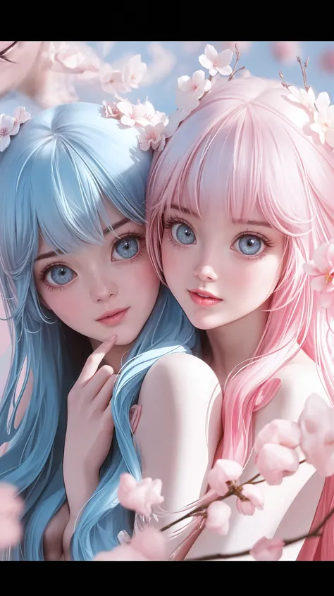 Pink Princess, (Pink-Blue hair), ((big hair)), double eyelid, slender figure, cute expression, perfect skin, (fluffy), pink eyes, (fluffy Particles:1.2), (cute clothing), (NSFW:1.3)