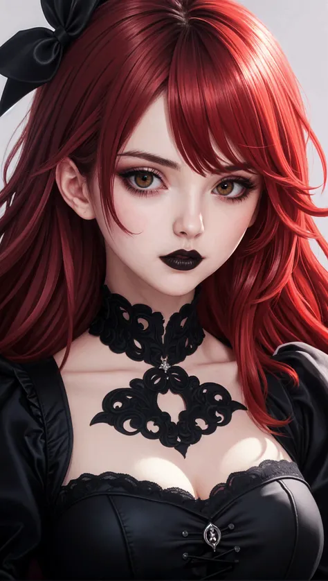 (1milf gothpunk girl), red hair, solo, necklace, long hair, blue eyes, petals, red lips, hair ornament, flower, black flower, pearl necklace, portrait, lipstick, makeup, grey eyes, , dark shiny skin,(cleavage), (large breasts),caberuel,(mature female:1.16),
