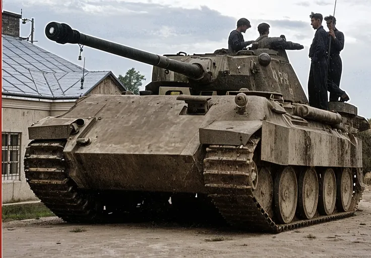 panther tank, there are two men standing on top of a tank on the street, 35mm photograph, film, 4k, highly detailed, panther, destroyed tanks, some tanks destroyed, tank, tanks, massive tank, class tank, heavily armoured, panzer, kerberos panzer, still photograph, tanks crashed, tank has a large solid cannon, standing on mad max panzer tank, set in ww2 germany, tank class, armored units