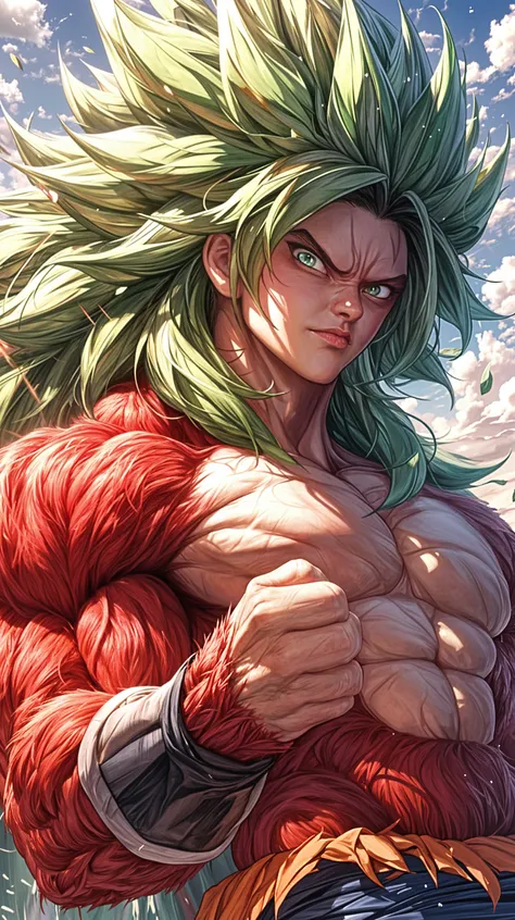 8k portrait of Broly bodybuilder, intricate, very angry, elegant, highly detailed,full body, majestic, digital photography, art by artgerm and ruan jia and greg rutkowski,big hair,green hair,white eyes,(detailed eyes) broken glass (masterpiece, side lighting, beautiful finely detailed eyes: 1.2), hdr, ki explosion