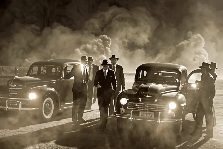 Cinematic image, realism, cinema, realistic scenario, five men armed with Thompson Machine Guns, gangster war, shooting, war between rival gangs, vintage car, 70s, large building, robbery of the Central Bank of Chicago, the mint or central bank, explosive scene, shooting, smoke, monochrome.