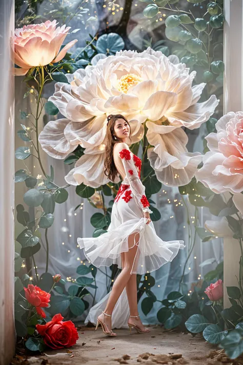 Arafed woman in a white dress and red flowers in a window - SeaArt AI