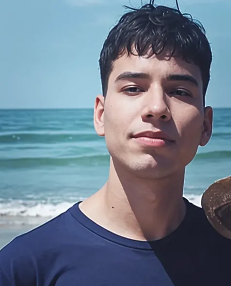 16 year old teenage boy eating a sandwich on the beach, Badehose , Italiener, thin , Bauchmuskeln