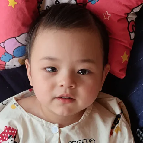 Buena calidad, realista, con el rostro super enojado, frowning, korean baby boy, brazdos, acostado sobre la cama, mirando hacia otro lado. El chiquito algo alejado de la imagen.