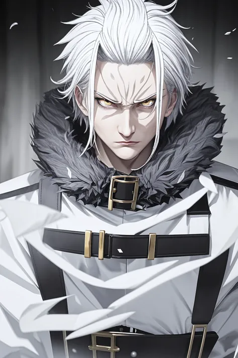 <lora:Orsted:1> Orsted, solo, man, 1boy, male focus, white hair, short hair, yellow eyes, middle-aged man, ((frown)), looking at viewer, upper body, emotionless face, expressionless face, belt, coat, black fur trim, <lora:add_detail:.5>