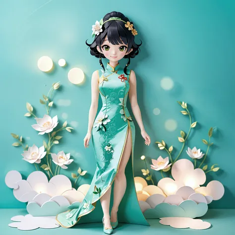 (Paper art,layered Paper art,Roll paper,Paper Cutting,Paper sculpture), 1 Cheongsam woman，fit，Perfect proportion，Exquisite hair accessories, whole body, Smile，Oriental elements，Simple background, Mint Green,  (Soft lighting, Bokeh)