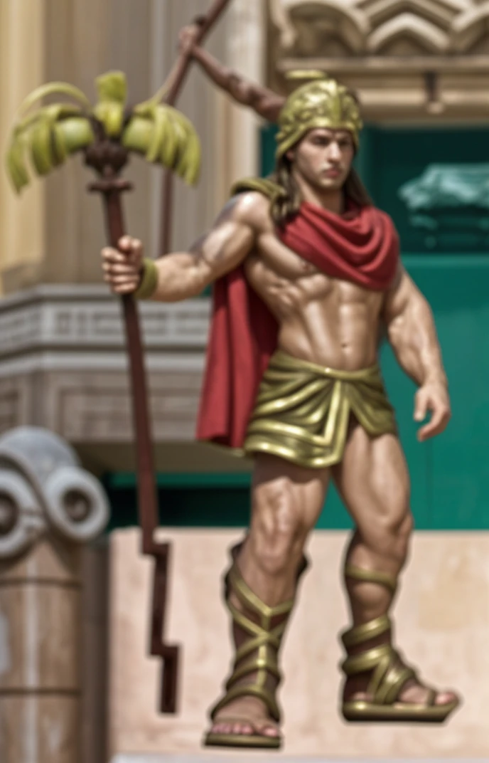 a realistic 4k photo Hercules, a Greek mythological figure, who is standing and dressed in a lion skin covering his shoulders and another lion skin as a loincloth. Hercules is standing in a dominant posture, with his right hand on the head of a lion on his right side (left in the photo), and his left hand on another lion on his left side (right in the photo). The lions are standing and looking forward, with a fierce expression. They are located one on each side of Hercules. Above Hercules and the lions, there is a green, white and green arch, which bears the inscription in gold letters "DOMINATOR HERCULES FUNDATOR". Below this moviescene, at the bottom of the photo, there is a band with the inscription "ANDALUCIA BY ITSELF, POR LOS PUEBLOS Y LA HUMANIDAD" in gold letters on a background of horizontal green-white stripes. The border of the band is gold and has an ornamental design in the corners.
