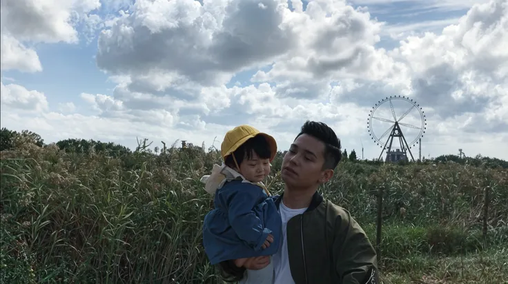 Two fingers, 8K, in a park, there is a little boy standing on the rock by the water, the gesture of Bier with the left hand, black short hair, short hair, cartoon truck top, best quality, (painting:1.5), (hair ornament :0.2), depth of field, detailed face, facial focus, ribbon_trim, (looking at viewer: 1.25) shiny skin, long sleeves, smiling, game cg, east asian architecture, (blurred background: 1.2), sitting, upper body --v 6