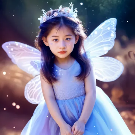 A 7-year-old girl with a fairy like face, dressed in a beautiful princess dress, wearing a pair of beautiful wings, unreal hospitality, and luminous elements,