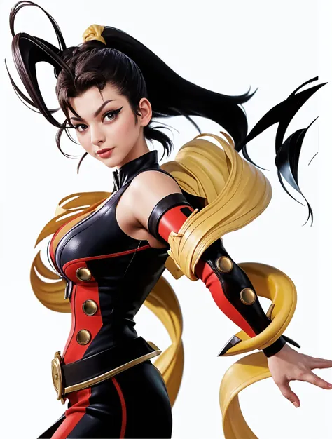 Create a cool character for a gacha game based on the game Zenless Zone Zero, female character in devil clothes in warm colors, S-level fire elemental character, devil horns and tail, beautiful and cute face, corpo de nymph, lolly, haughty, devilish smile, wielding a serrated sword, pose de atitude, A beautiful , , super skinny, short mini skirt, wide belt, garter belt with black tights, thigh holster, breasts small, perfect little ass, narrow hip, Waist slender, pose sexly, ((ponytailhair style))), posing for manga cover photo, dynamic pose, malicious smile, seductiv, malicious, obscene, shamelessly, young, Stupid, nymph, manga style, random ethnicity, (((MMA fighter))), ((( yellow dress ))), (((bandaged arms))), ((high collar)), (((darkskin)), (((micro skirt with vertical seams))), (((best qualityer: 1.4))), (Unbeatable masterpiece), (hiper HD),(CG 8k hyper-realistic), (((hyper feminine))), sexly girl, king of fighter, ((( sculptural body ))), (((1 girl))), garota de 14歳m perfectbody e magro,Beautiful and well-groomed face, (Head to thigh photos), Complex equipment, (((standing alone))), pirralha violent, (((14歳)))exly, pose de atitude, work of art, (((manga style))), bounty hunter, violent, Manic, evil face with malicious smile, slenderbody, thin but strong, perfectbody, roupa moderna, advanced technology, neon, sleeves with vertical striped pattern, neutral background, (( cowboy shot )). intricate visual