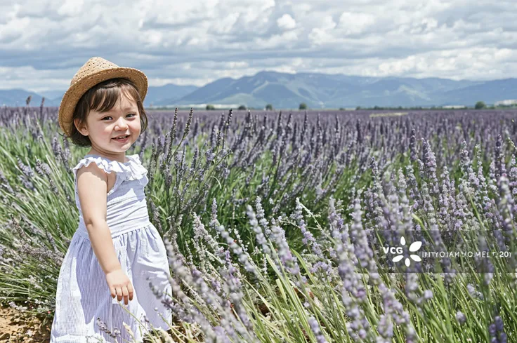 A 6-year-old girl sits in a lavender field, ssmile, blue-sky, baiyun, Far Mountain.