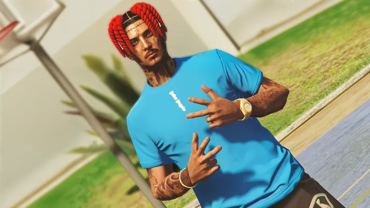 There is a cartoon of a man with blue hair and tattoos, Lil Peep, Second Life Avatar, Imvu, detailed punk hair, ( ( ( ( ( 3 d render ) )