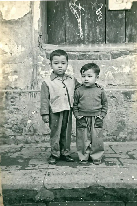 arafed black and white photograph of two children standing next to each other, author:Naondo Nakamura, black and white old photo, old black and white photo, archival photo, unknown location, unknown artist, old photograph, black and white old photo, collodion photograph, Children, early black and white photo, old photo width 768