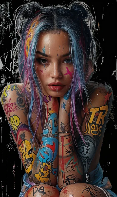 ((zoom in) Create a scene of a large wall painted with colorful paints simulating tattoos illuminated with neon by drawing the title Ai, ai my love