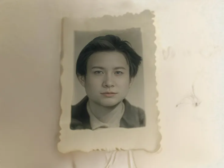 Photo of Alafard of a boy with black hair and a white shirt, aged photo, damaged photo, grainy damaged photo, unsettling photo, Rare photos, very old photo, rare classified photo, demonic photograph, cursed photograph, collodion photograph, Burned film expired in the 1930s, creepy photo, antique photo