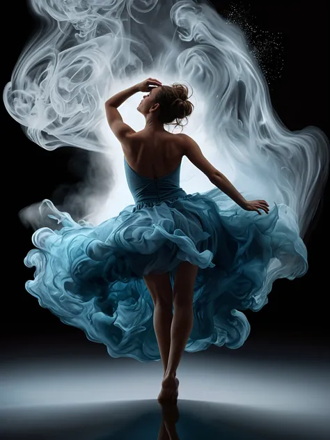 Photographic realistic 16k , ultra detailed,sketch of a female naturiste dancer in white smoke spiral in a black reflective waters, light blue lace satin silky flowing smoke wild windy water tourbillion, alberto seveso, splash art, ink cloud, dynamic dancing pose, dramatic lighting, cgsociety, intricate, epic, artstation, cinematic, photo with canon eos 5d mark iv, cinematic, realistic, black background, photo fusion, sfx photo.