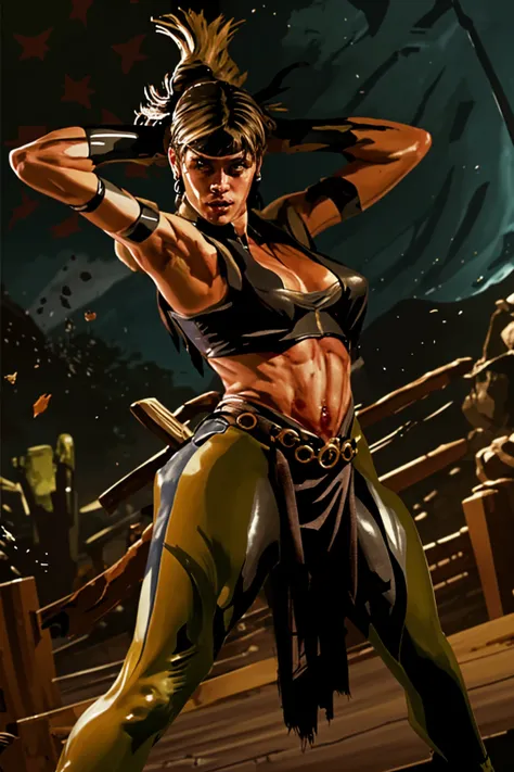 mortal kombat woman character concept (( super strong )), masterpiece, best quality, ultra-detailed, ground, destroyed city background, shadows, contrast, clear sky, analog style (look at viewer:1.2) (skin texture) (film grain:1.3), ultra-high resolution, octane render, 16k