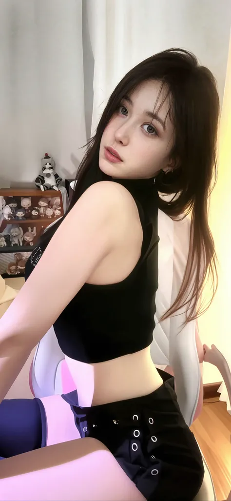 ((Top quality, 8k, Masterpiece: 1.3)), beauty, hidden face, 1 girl, beauty: 1.3, slender abs: 1.1, camisole vest, long black hair, (sitting on bed), ultra-detailed face, highly detailed lips, detailed eyes, double eyelids, with black collar