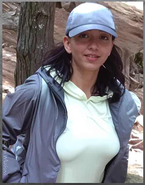 A 45 year old plus size woman with absurdly large breasts wearing gloves walking in the woods 