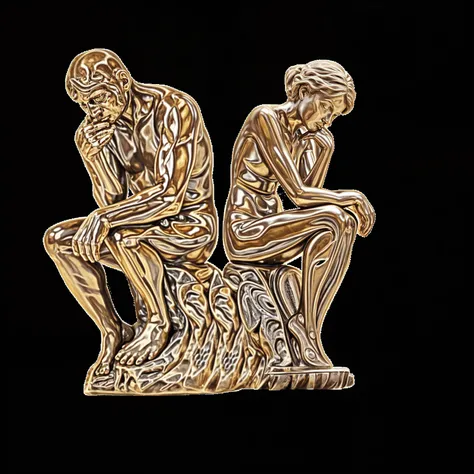 A kneeling male statue of weathered marble handing a rose to a standing female statue