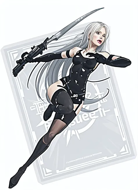(masterpiece, best quality)), ((((perfect anatomy)))), Caucasian android woman with short silver hair, ((elaborate black dress)) (((white high cut leotard))), big butt, black eye-band, white and black gloves, digital black pattern background, (((photo realistic 3D game model)))