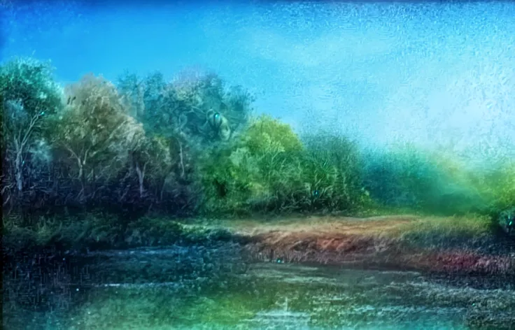 Freelance artist, Ilya Viktorovich Ibryaev, famous Russian watercolor painter, watercolor painting, sky with rain and fog, stagnant water, grass, plants, hazy, dreamy, a little sunlight through the fog