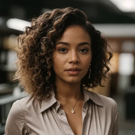 "A 25-year-old female with mixed African and Hispanic features. She has curly brown hair, hazel eyes, a round face, medium lips, and a prominent nose. She is wearing a light grey smart casual blouse with black pants. The background is a dim, blue photoshoot backdrop. UHD, masterpiece, anatomically correct, textured skin, high details, best quality."