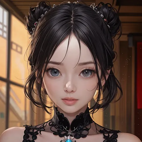 best quality, masterpiece, high resolution, a girl, cheongsam, headgear, necklace, jewelry, pretty face, above_Body, Tyndall effect, lifelike, dark studio, edge lighting, two-tone lighting, (HD skin: 1.2), 8K uhd, SLR camera, soft light, high quality, Volumetric lighting, frank, photography, High resolution, 4K, 8K, Bokeh,