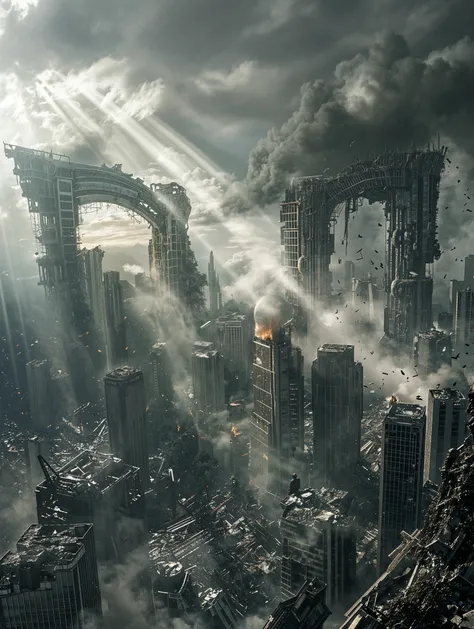 Image of the apocalypse, crumbling buildings, rubble, fire+, billowing smoke, people running+, fear+, overturned cars, epic realistic, hdr++, abandoned, neutral colors, night, screen space refractions, (intricate details)+, intricate details+, hyperdetailed+, artstation, cinematic shot, vignette, complex background, teal and orange, technicolor,