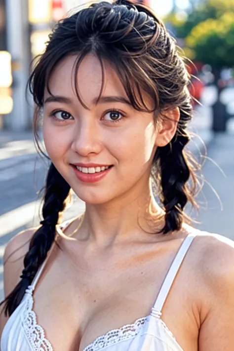 ((Highest quality、8K resolution、Masterpiece、Portraiture)), Photorealistic, 35mm Film, On the street during the day, Wrinkles around the eyes,Wrinkles around the mouth、Braided Pigtails、((White lingerie:1.2)) , (Outdoor_City Street: 1.2), Cluttered background,Looking at the audience,Laughter, whole body