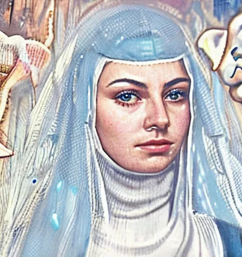 <lora:TDLP:0.6> painting of a beautiful young nun in profile view in front of a stained glass window, she is wearing a white cloak with blue trim and holds a rosary, she is standing in a dimly lit convent, <lora:epiNoiseoffset_v2:0.6>