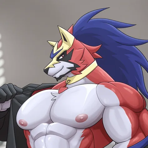 Solo, male (((Anthro, midnight lycanroc, smirking, sharp teeth, red eyes, muscular, big pecs, facial scar, tail, nipples, spiked collar, spiked bracelets, abs, black thong, thong, huge bulge))) beach, sunset, standing (male focus, focus midnight lycanroc))) detailed hands, detailed eyes, detailed face, detailed arms, detailed bulge, detailed ears, by darkgem, by mystikfox61, by glitter trap boy