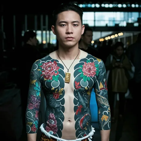 a muscular japanese man with short hair, angry expression, full-body yakuza tattoos, topless, wearing white underwear, holding a japanese long sword, in a traditional japanese art room background, full body photo