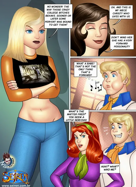 sam, totally spies, skinny, standing, inside a train, orange hair, bare shoulders, fat man behind her, pants pulled down, penis poking between thighs, foreskin