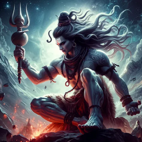 Create a picture of neon happy lord Shiva with dark black background 