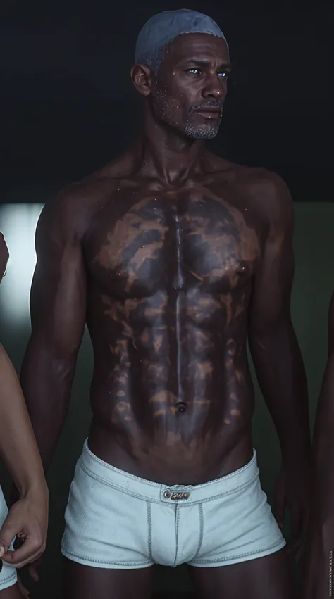 Like the man next to me, I don't wear anything on my upper body.。The skin is sweaty and wet。slim, muscular toned figure。Axillary hair is dense。Beautiful 17 year old asian boy。The gaze is directed towards us。Half-open lips。Smiling。Brief-shaped men's swimsuit