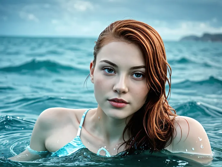 1girl in, age19, Solo, Aesthetic artwork, irish, wavy ginger hair, shoulder length hair, gray eyes, light grey eyes, pale skin, A-cup, small breasts, runners body, (textured skin, skin pores:1.1), goosebumps, taking a bath, naked, submerged in water, sexy