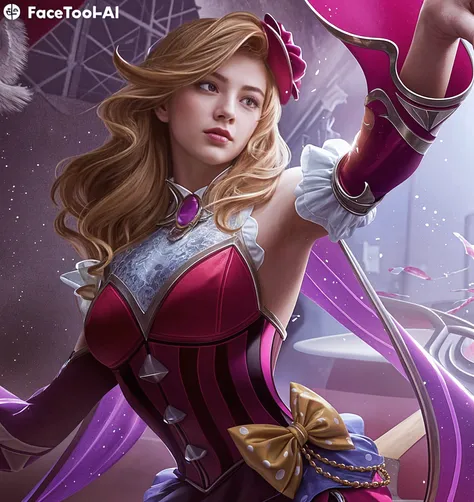 a young woman with long blonde hair, beautiful detailed eyes, beautiful detailed lips, extremely detailed face, long eyelashes, insane flirty look, wearing a crazy sexy outfit, holding an oversized carnival hammer, striking a cute power pose, full body shot, photorealistic, 8k, hyper detailed, cinematic lighting, vivid colors, comic book art style