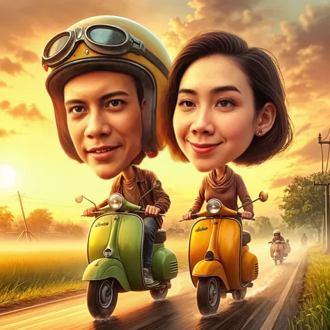 there is a woman riding a scooter with two children on it, by Abidin Dino, an indonesian family portrait, realism artstyle, caricature illustration, cartoon digital painting, potrait, cartoon digital art, digital art cartoon, realism art, caricature style, digital cartoon painting art, inspired by JoWOnder, inspired by Rudy Siswanto, photorealistic!!!!!!! art style