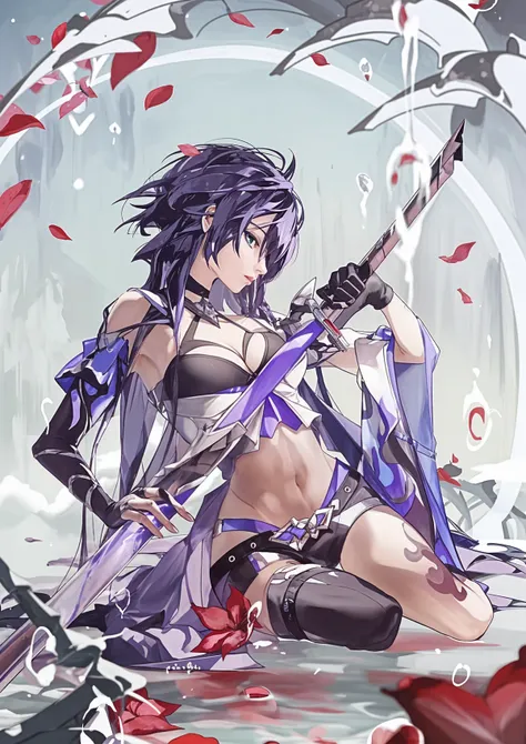 score_9, score_8_up, score_7_up, score_6_up, uncensored, acheronrnd, purple hair, long hair, hair over one eye, purple eyes, BREAK detailed eyes, (perfect hands, perfect anatomy), Anime Style, Manga Style, Hand drawn, cinematic, Sharp focus, humorous illustration, big depth of field, Masterpiece, concept art, trending on artstation, Vivid colors, Simplified style, trending on ArtStation, trending on CGSociety, Intricate, Vibrant colors, Soft Shading, Simplistic Features, Sharp Angles, Playful, excessive sweating, sweating profusely, sweating drop BREAK, 1girl, naked ribbon, ribbon, red ribbon, navel, cleavage, female focus, sword, holding, solo, holding_sword, looking_at_viewer, standing, breasts, floating_hair, sunset, katana, cowboy_shot, cloud, large_breasts, looking_back, back,
